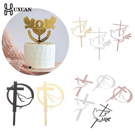 Dove Cross Gold Cake Topper: Minimalist Acrylic Insert for First Communion & Birthday Decor.