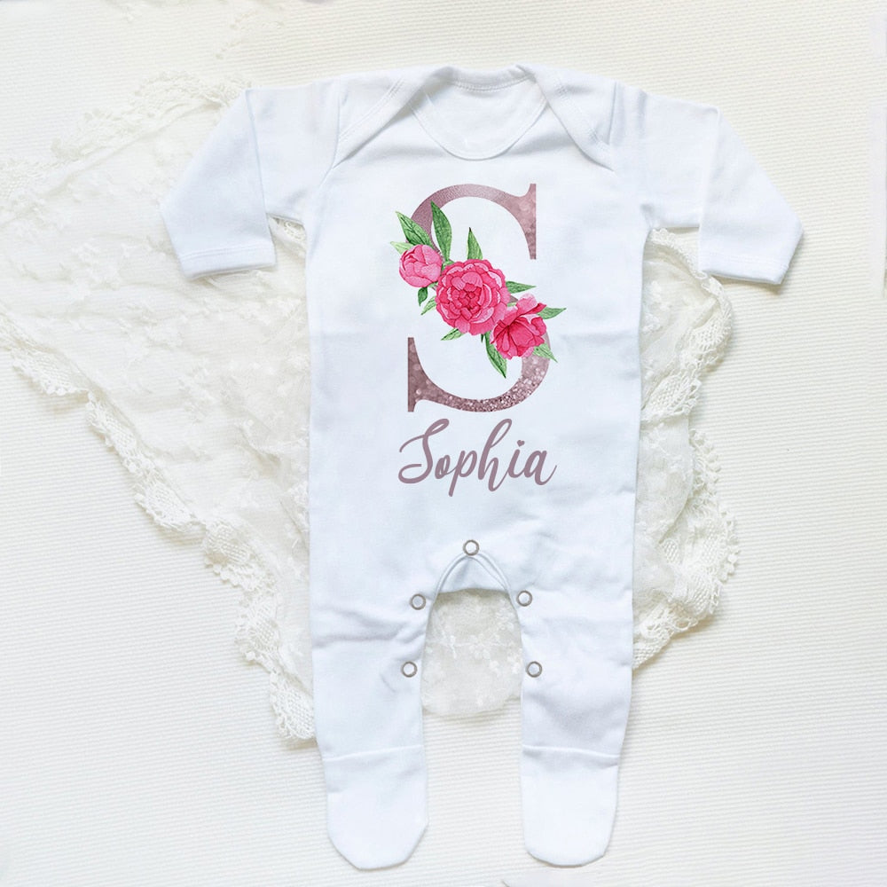 Personalised Flower Letter Baby Sleepsuit -Infant Bodysuit, Newborn Girl Shower Gift.