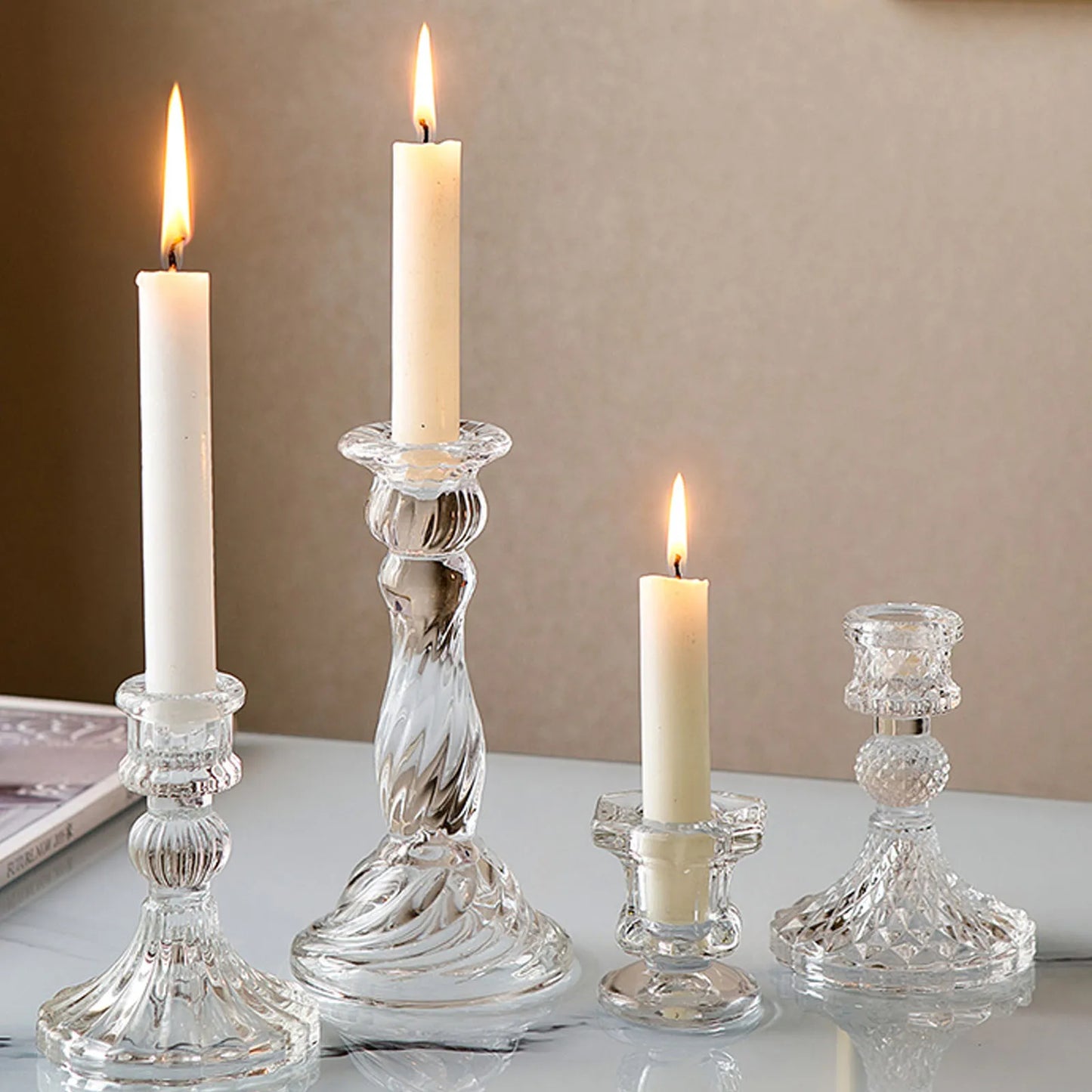"Clear Glass Candlestick" - Elegant Centerpiece for Weddings & Living Room Decor.