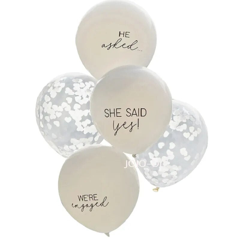 12/24pc White Heart Confetti Latex Balloons: "She Said Yes" Wedding & Engagement Party Kit.