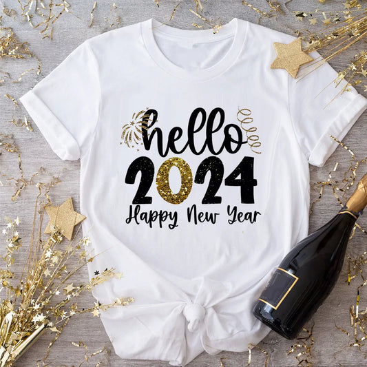 "Hello 2024" Women's T-shirt: Happy New Year, Winter Holiday Top, Short Sleeve