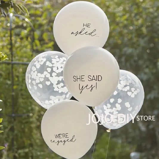 12/24pc White Heart Confetti Latex Balloons: "She Said Yes" Wedding & Engagement Party Kit.