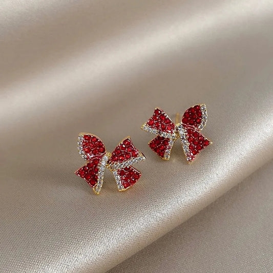 Red Crystal Bow Earrings: Zircon Bowknot Christmas & New Year Party Jewelry