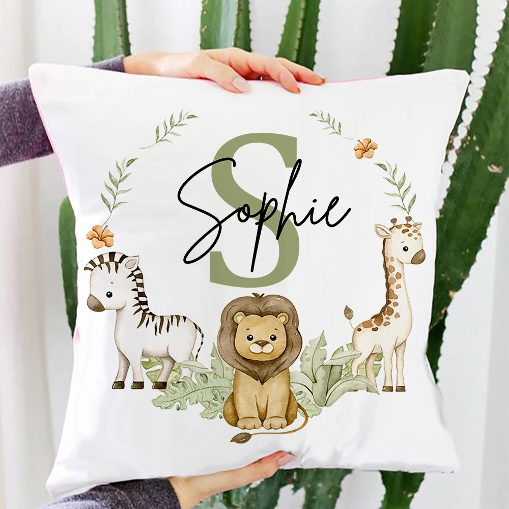 Animal with Name Pillow Case Personalized Pillow Dust Cover Bedroom Kids Wild Party Decoration Pillowcase Birthday Children Gift