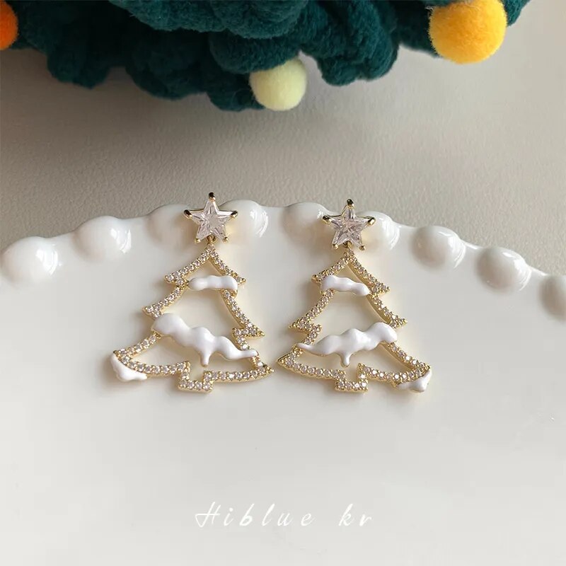 Zircon Christmas Earrings: Tree Drop & Star Stud with Rhinestones, New Year Gifts