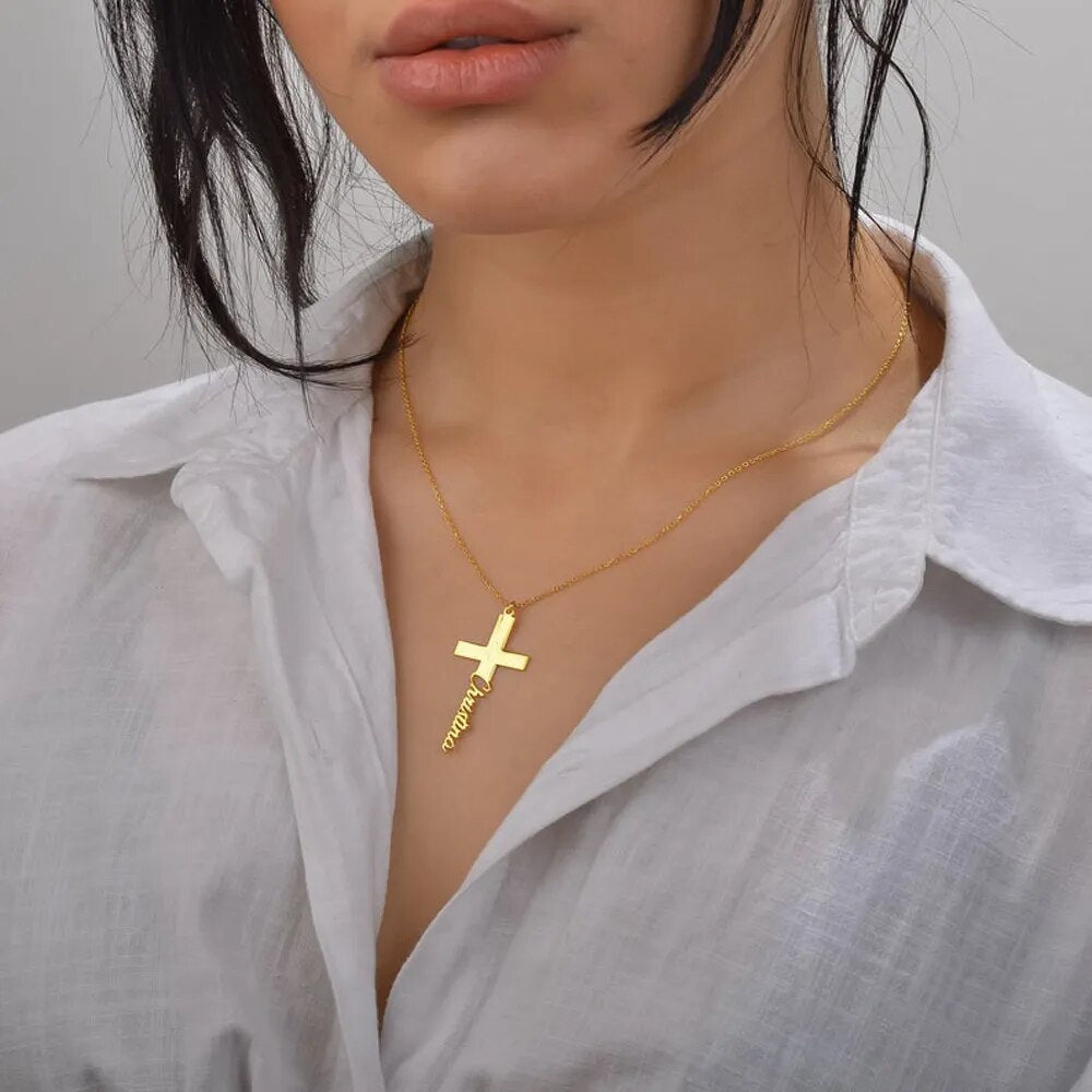Custom Cross Necklace: Stainless Steel, Gold Chain, Name Choker for Women.