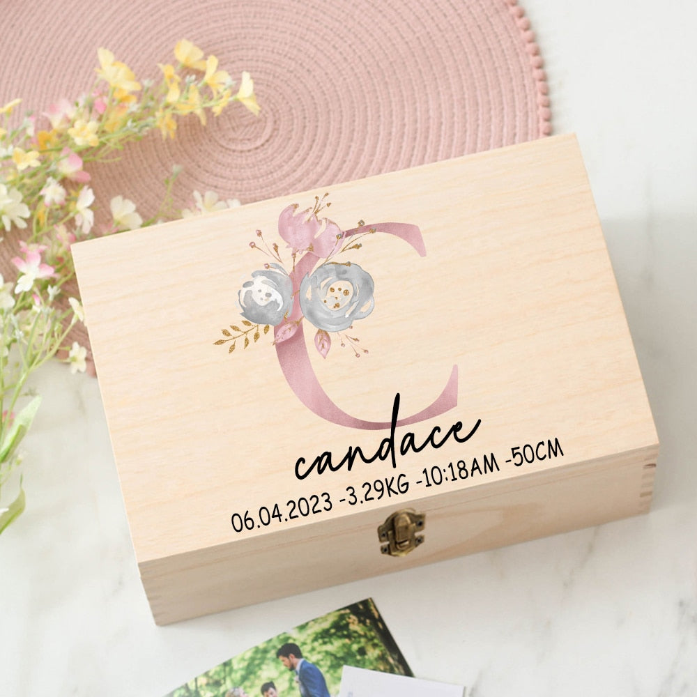 Personalised Flower Letter Keepsake Wooden Box - Custom Baby Memory
