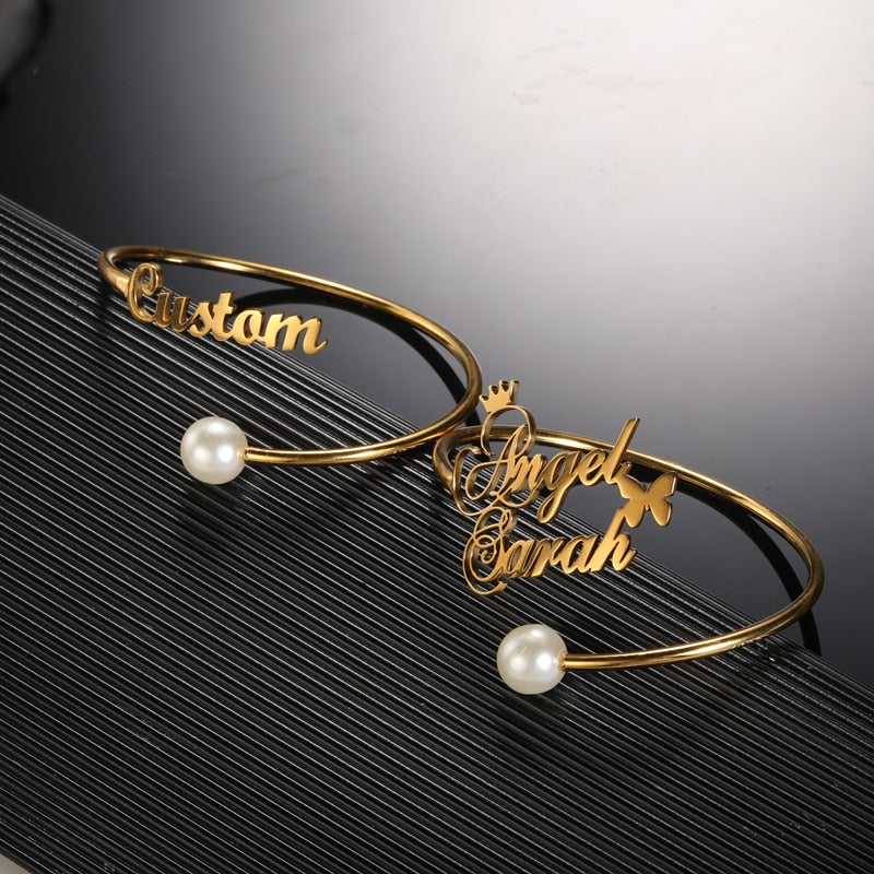 Personalized Round Pearl Name Bangle - Custom Gift