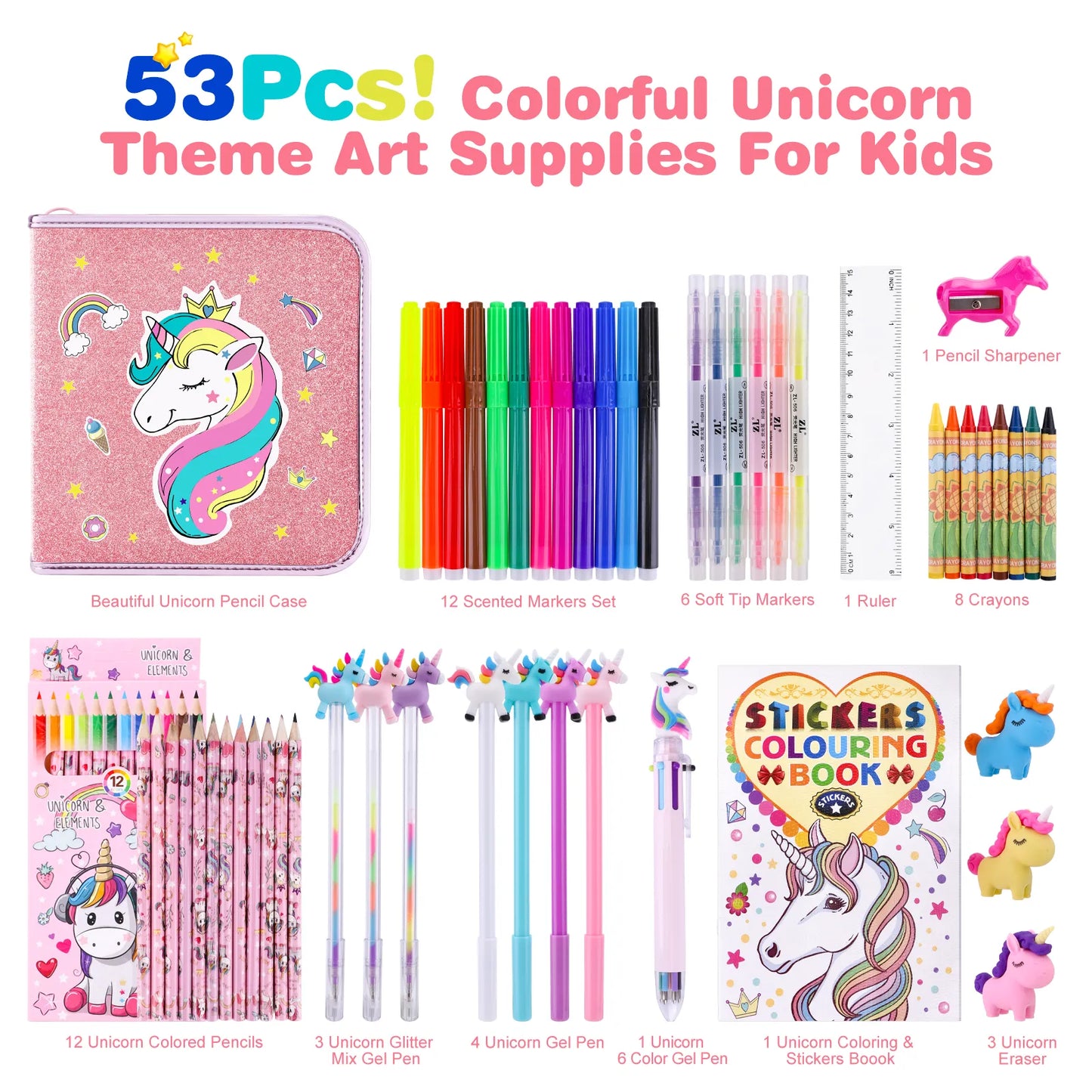 53/56pc Kids Unicorn Art Set - Markers, Crayons, Pencil Case, Drawing & School Supplies.