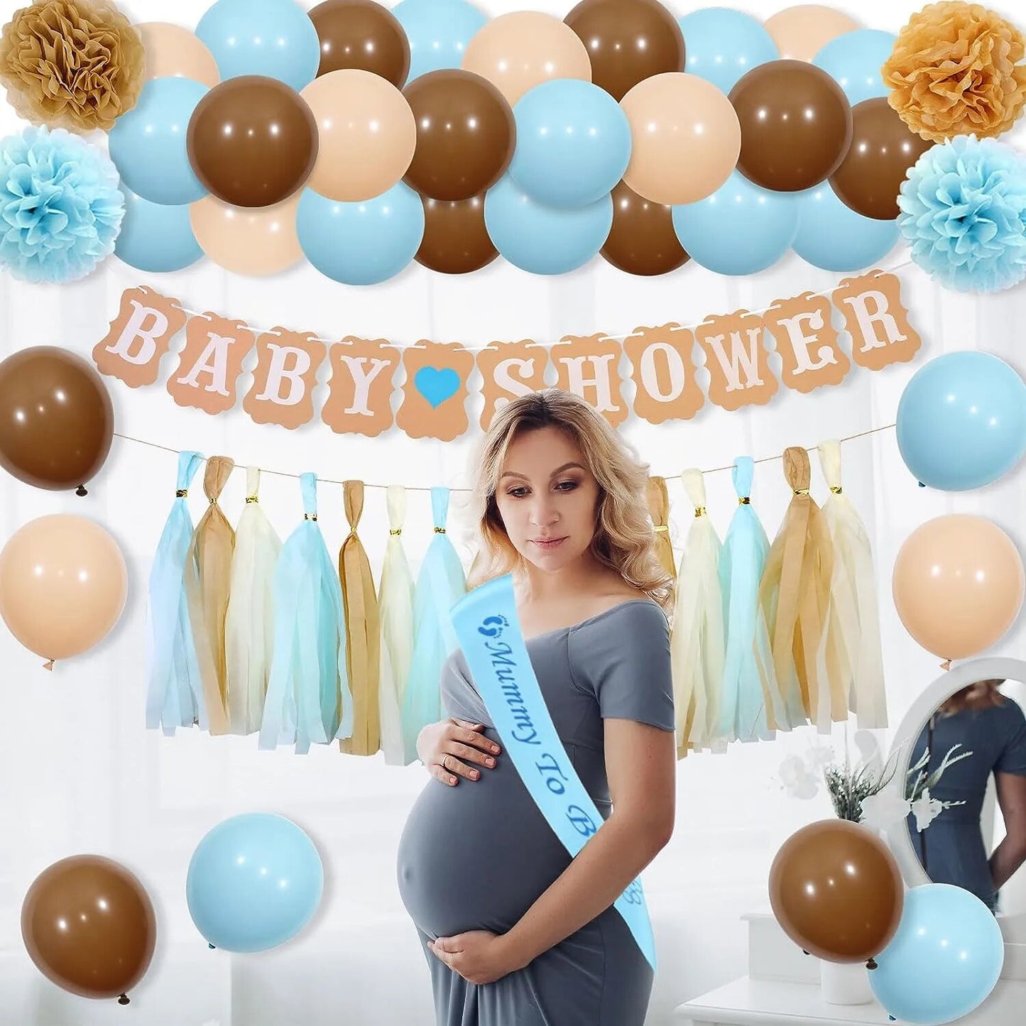 Baby Shower Kit: Balloon Arch, Mummy To Be Sash, Pom Poms, Banner, Cake Topper & Tassels.