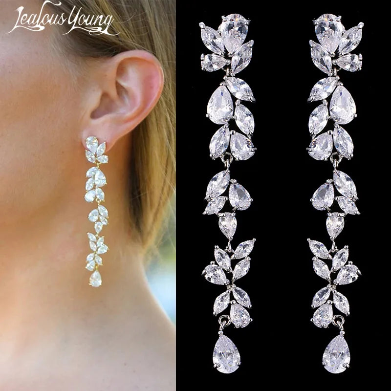 Luxury Leaf Design Drop Earrings - Bridal Dangle Jewelry, Elegant Wedding Bijoux.
