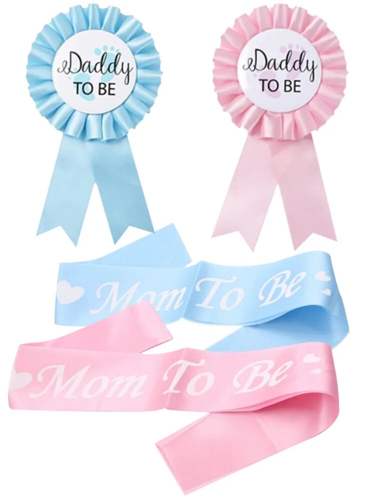 4pcs Party Kit: Gender Reveal Photo Prop, Daddy Badge Pin, Mummy To Be Sash, Welcome Memory.