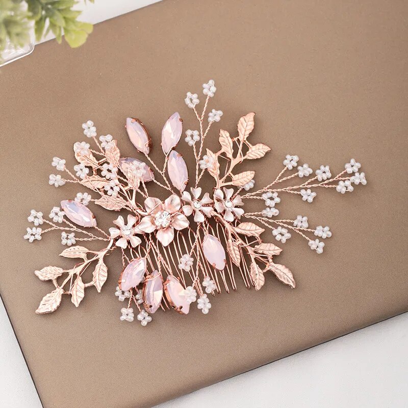 Rose Gold Crystal Pearl Flower Leaf Hair Comb & Hairpin for Brides