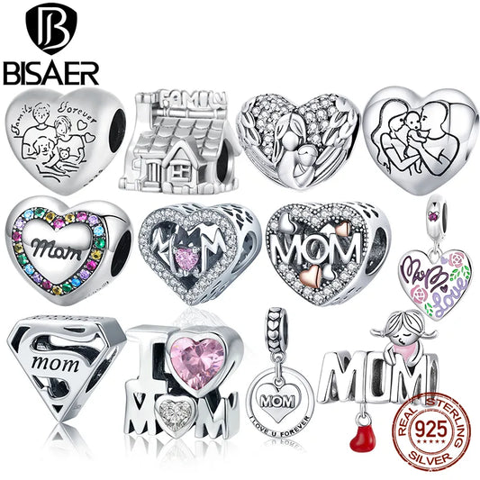 925 Sterling Silver Heart Mom Bead - Platinum Plated Pendant for Mother's Day Bracelet Gift.