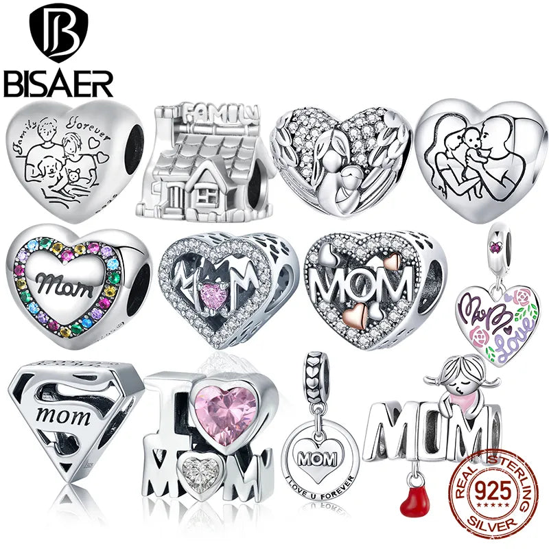 925 Sterling Silver Heart Mom Bead - Platinum Plated Pendant for Mother's Day Bracelet Gift.