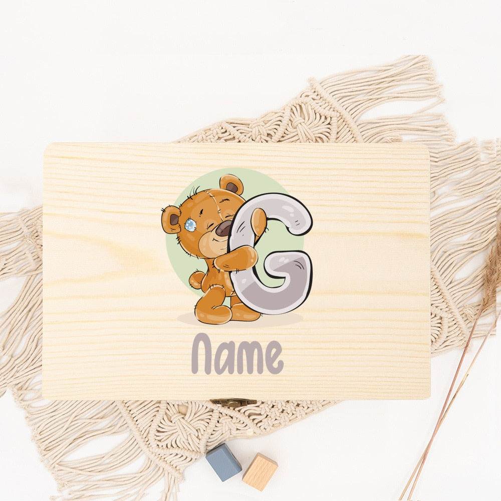 Cartoon Bear Personalized Baby Keepsake Box - Custom Wooden Memory
