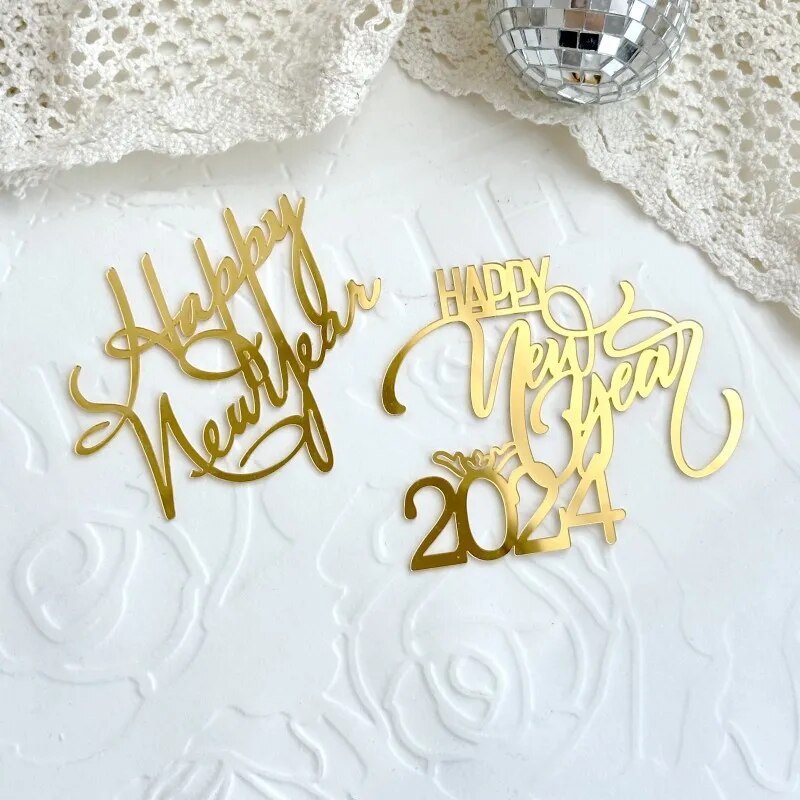 Gold Acrylic Cake Topper: "Happy New Year Hello 2024", Christmas Xmas Party Decor.
