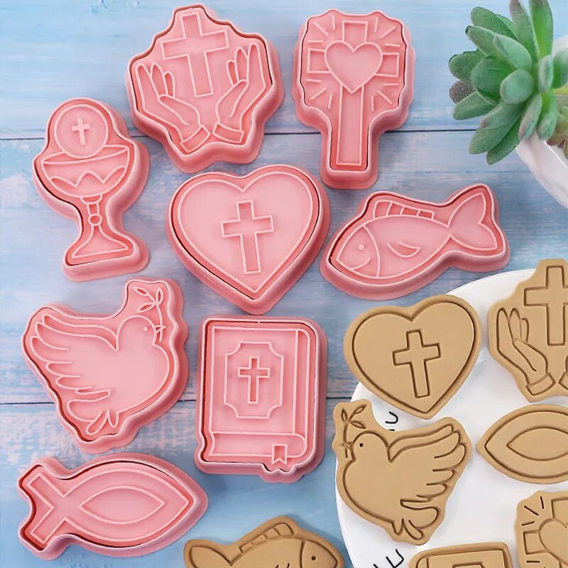 8pc Communion Cookie Mold Set: Christian Cross, Baby Baptism Embosser, Fondant Cake Decor Tools.