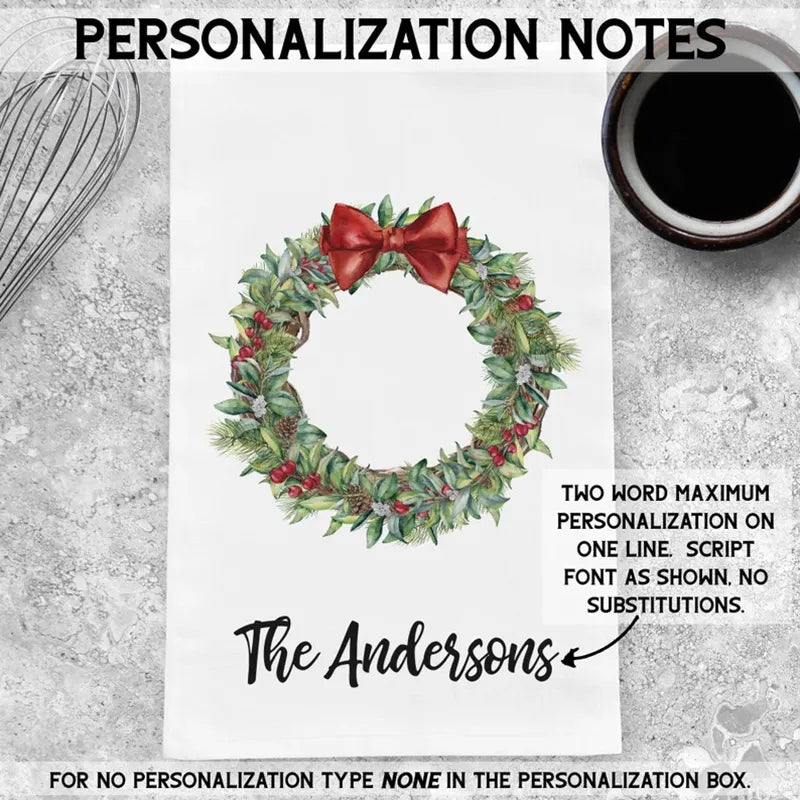 Personalized Christmas Wreath Tea Towel: 57x40cm, Kitchen Decor, Xmas Dinner Table