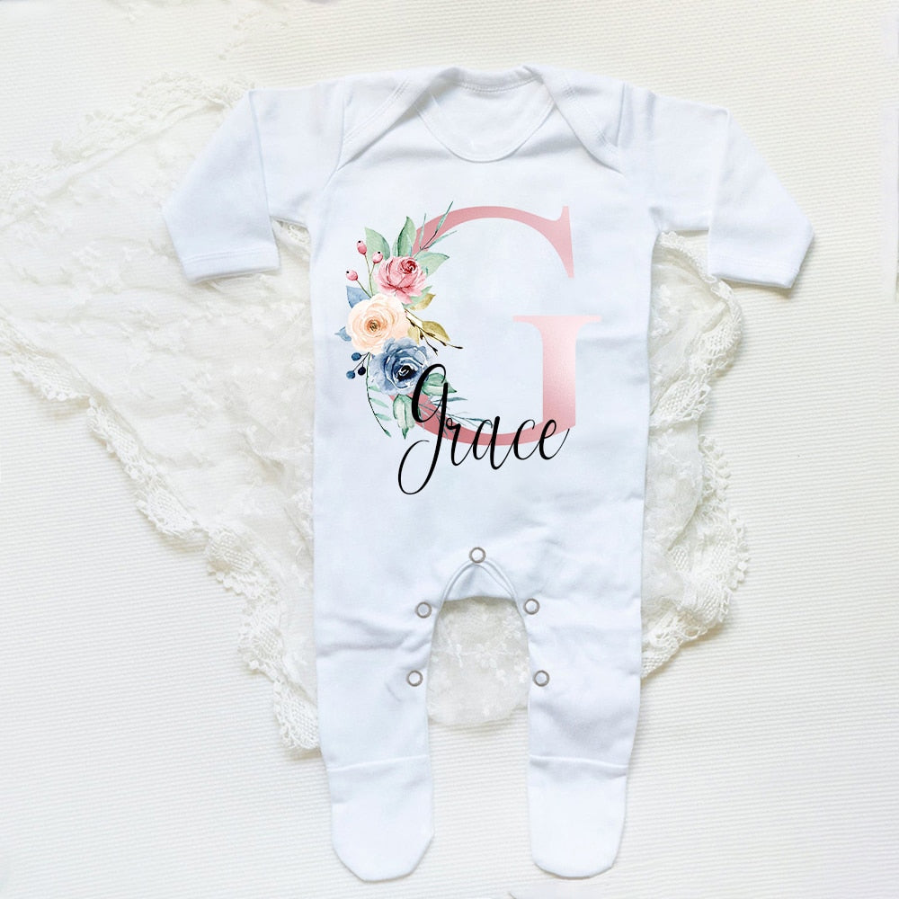 Personalised Babygrow Sleepsuit Flower Initial Infant Romper Baby Coming Home Outfit Newbron Shower Gift Baby Girls Sleepsuit