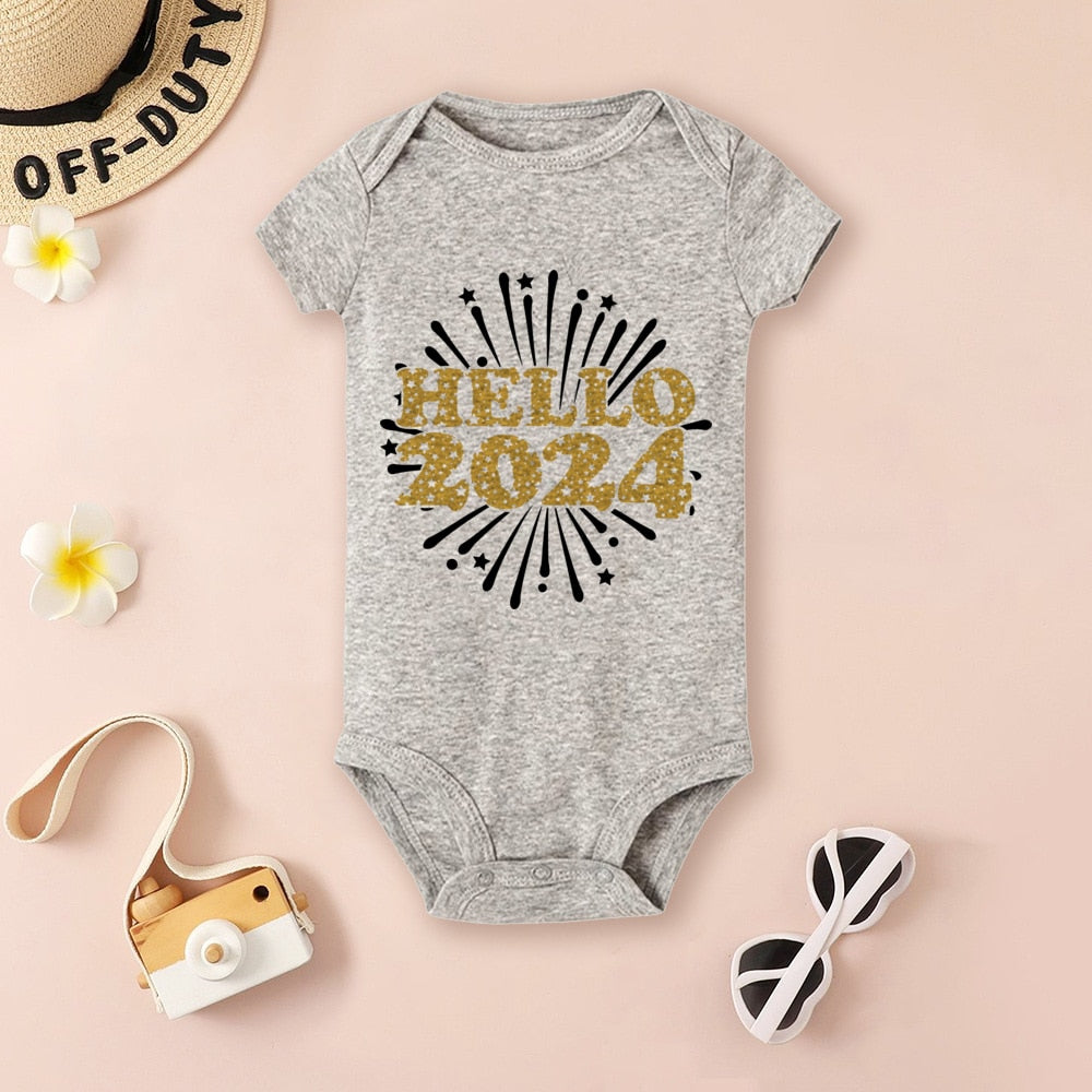 Hello 2024 Baby Bodysuit - New Year Infant Romper, Short Sleeve, Newborn Gift, Shower Present.