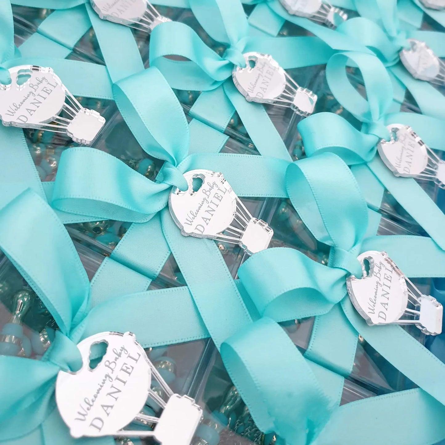 50 Pcs Custom Balloon Tags: Engraved Baby Name, Shower, Birthday, Chocolate Plaque Favors.
