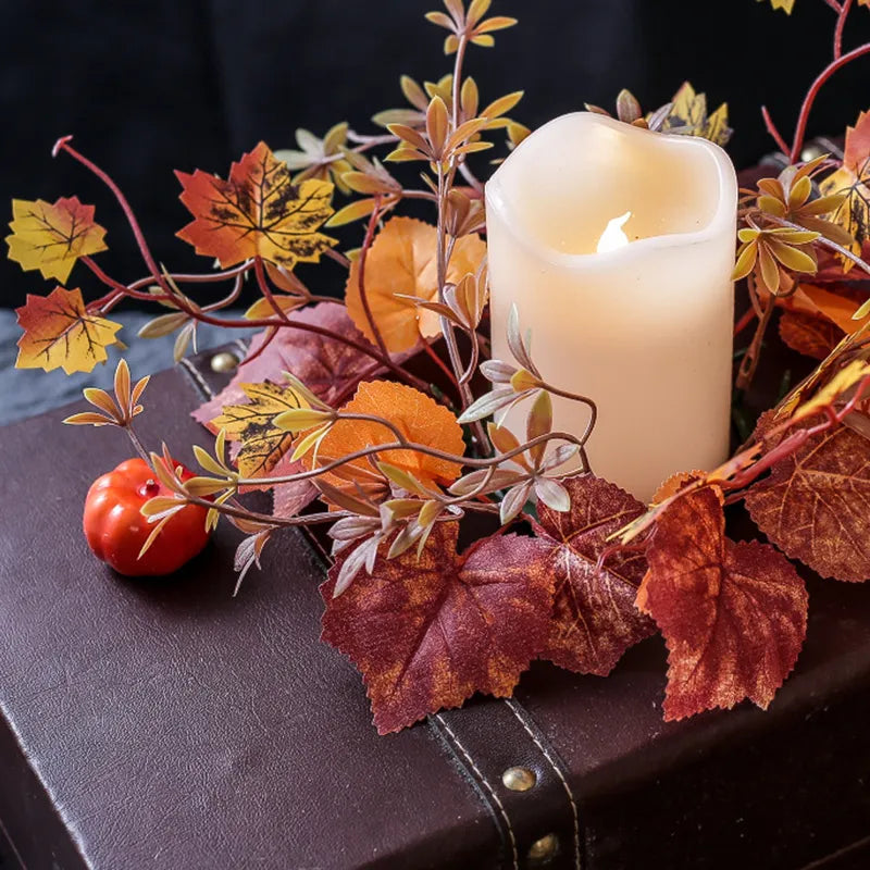 Fall Candle Holder with Maple Leaf - Autumn Wreath Candlestick for Wedding & Thanksgiving Table Decor.