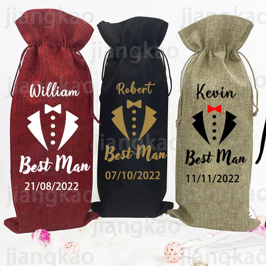 Personalised Linen Bottle Bag: Best Man, Groomsmen & Usher Wine Drawstring, Wedding Gifts for Male Roles.