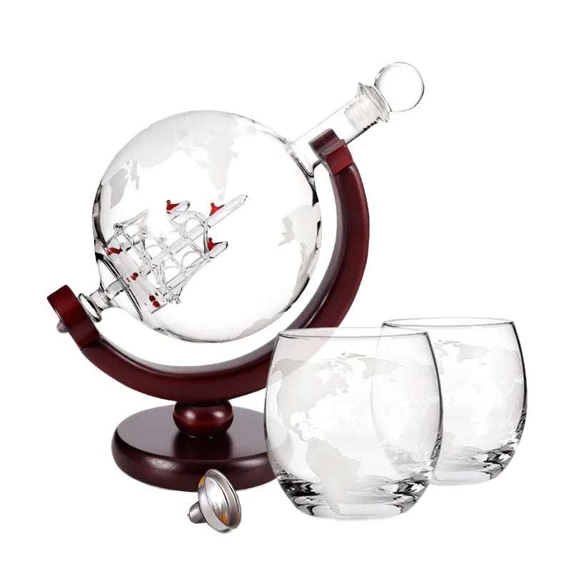 Globe Decanter Set: Lead-Free Carafe, Wood Stand, 2 Whisky Glasses