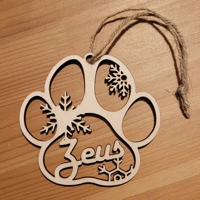 Personalised Christmas Ornaments: Wooden Dog Paw, Tree Decor, Wood Snowflake Bauble Tags.
