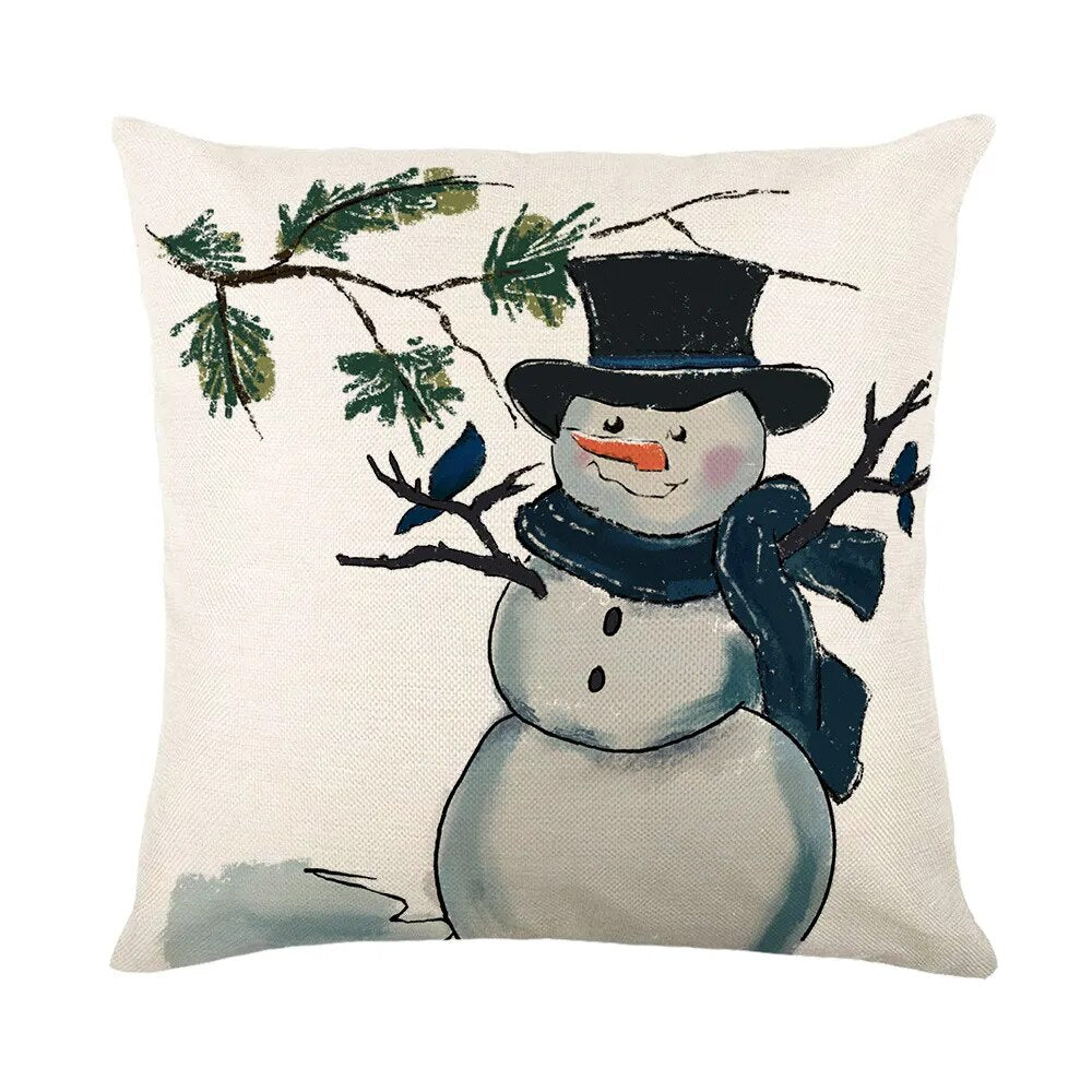 Christmas Watercolor Tree & Snowman Cushion -Throw Pillow for Festive Home Decor.