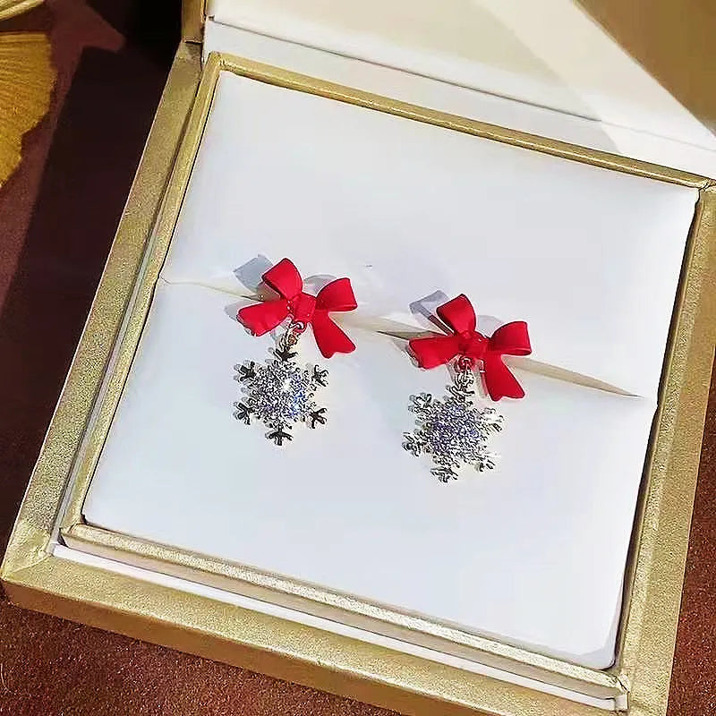 Red Bow Zircon Earrings: Snowflake Stud, Rose Gold, Christmas Jewelry