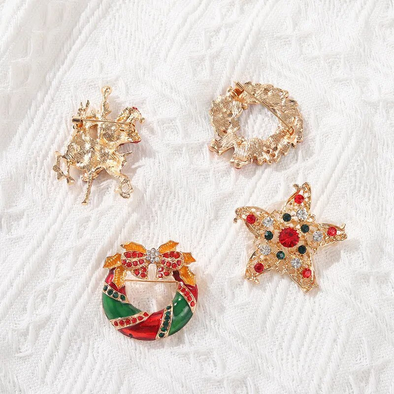 XMAS Crystal Brooches: Santa, Snowman, Elk Pins; New Year Gifts.