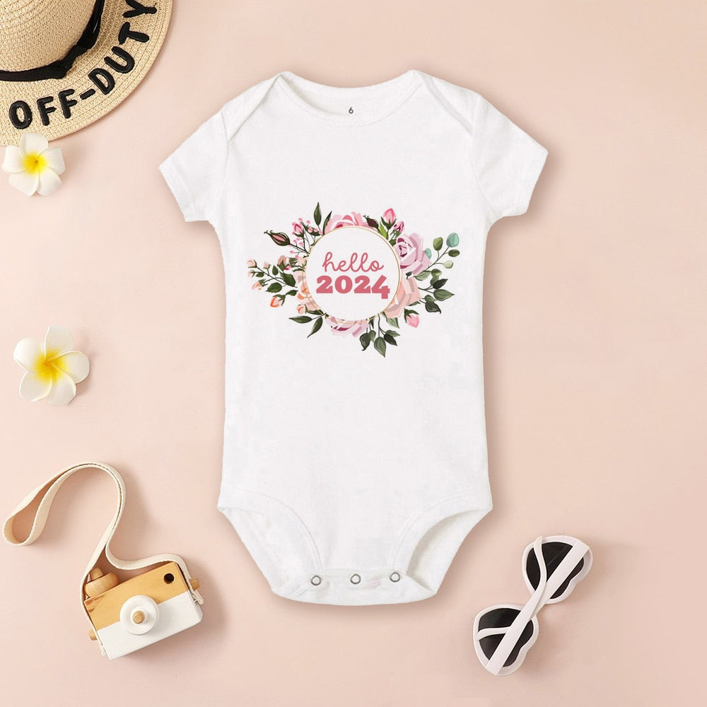 Hello 2024 Baby Bodysuit - New Year Infant Romper, Short Sleeve, Newborn Gift, Shower Present.