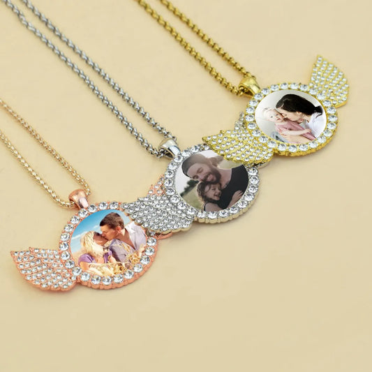 Custom Rhinestone Glass Necklace: Family Photo, Angel Wings Pendant, Hip Hop Jewelry Gift.