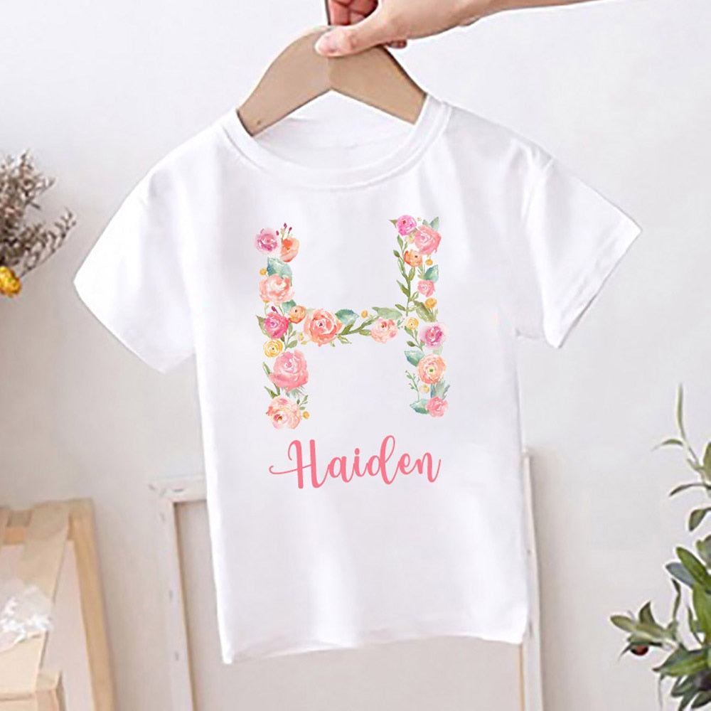 Personalised Flower Letter Print Kids Birthday T-shirt Child Custom Name Clothes Tops Girls Shirt Birthday Party Present T Shirt