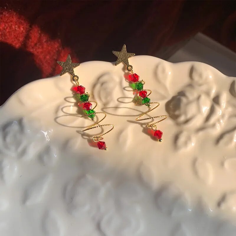 Zircon Christmas Earrings: Tree Drop & Star Stud with Rhinestones, New Year Gifts