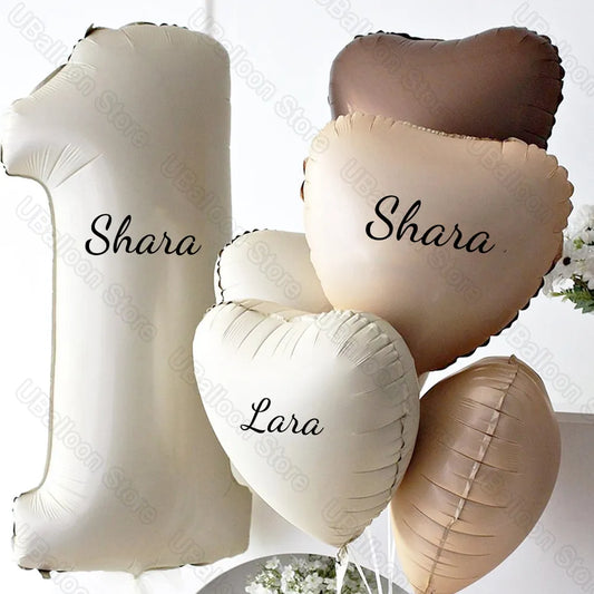 Beige Birthday Balloons: Cream, Caramel Number 0-9 with Custom Name Stickers for Party Decor.