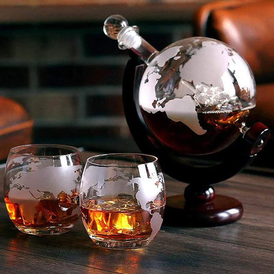 Globe Decanter Set: Lead-Free Carafe, Wood Stand, 2 Whisky Glasses