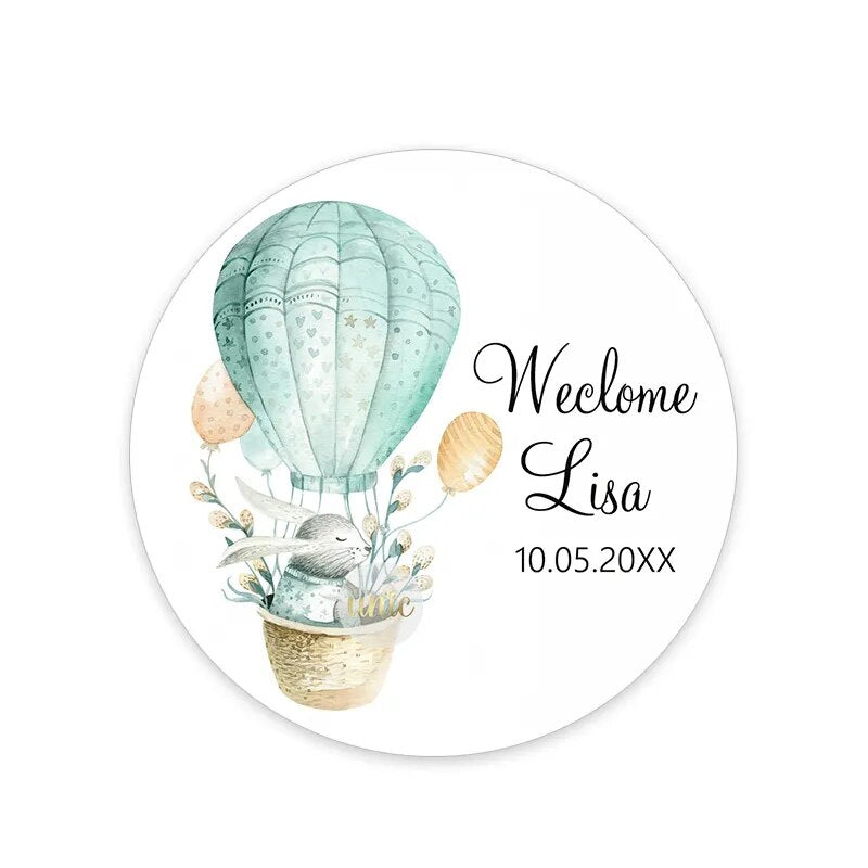 Custom Welcome Baby Sticker: Hot Air Balloon Animals, Birthday, Baby Shower, Travel Theme.