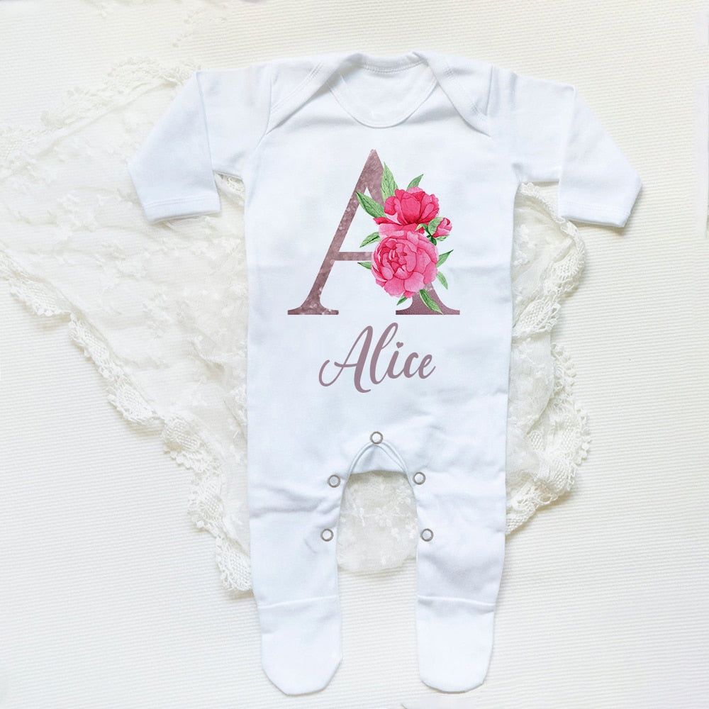 Personalised Flower Letter Baby Sleepsuit -Infant Bodysuit, Newborn Girl Shower Gift.
