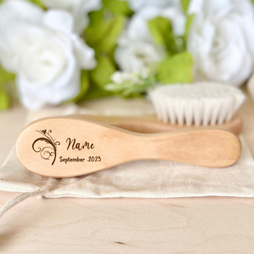 Personalized Baby Hair Brush - Wildflowers & Custom Name, Engraved Wood, Newborn Shower Gift.