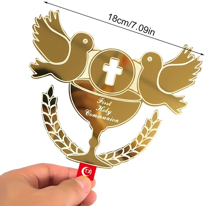 Dove Cross Gold Cake Topper: Minimalist Acrylic Insert for First Communion & Birthday Decor.