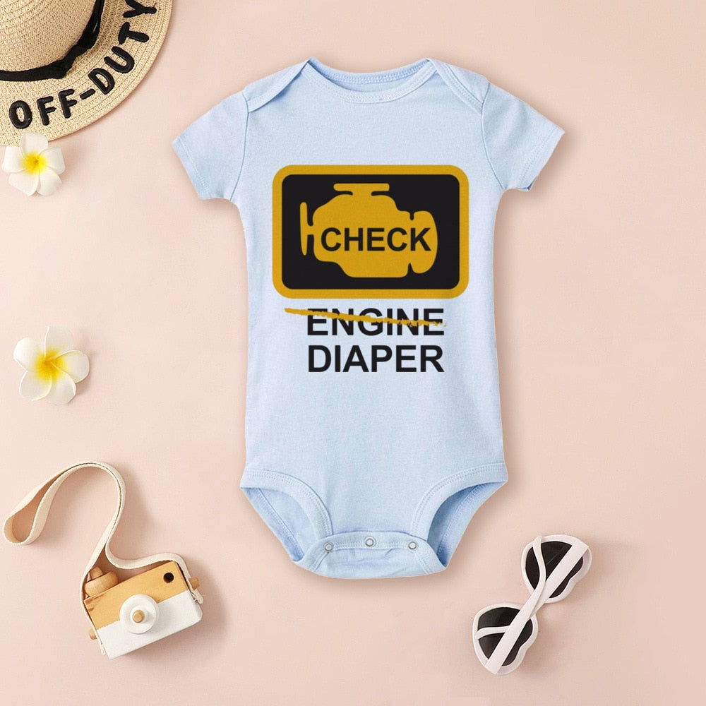 Check Engine Baby Bodysuit - Poopy Diaper Romper, Cute Mechanic, Newborn Boys & Girls Gift.