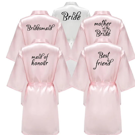 Bride & Bridesmaid Satin Kimono: Black Lettered Robe for Mother & Sister, Wedding Gift