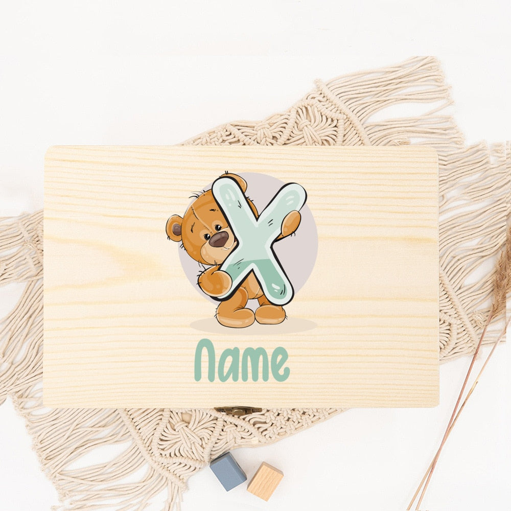 Cartoon Bear Personalized Baby Keepsake Box - Custom Wooden Memory