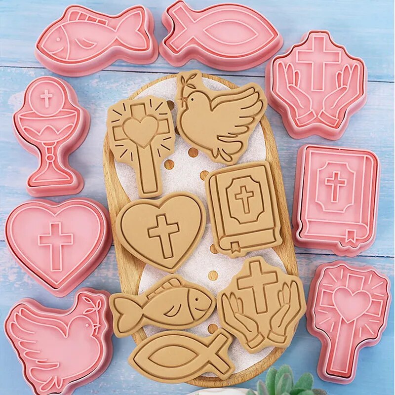 8pc Communion Cookie Mold Set: Christian Cross, Baby Baptism Embosser, Fondant Cake Decor Tools.