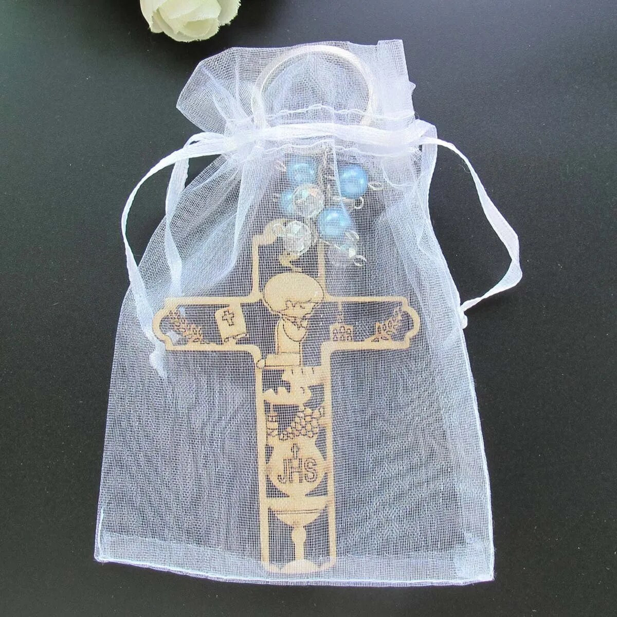 12 Pcs Communion Wooden Keychain: Girl Favor with Bags, Guest Gifts.