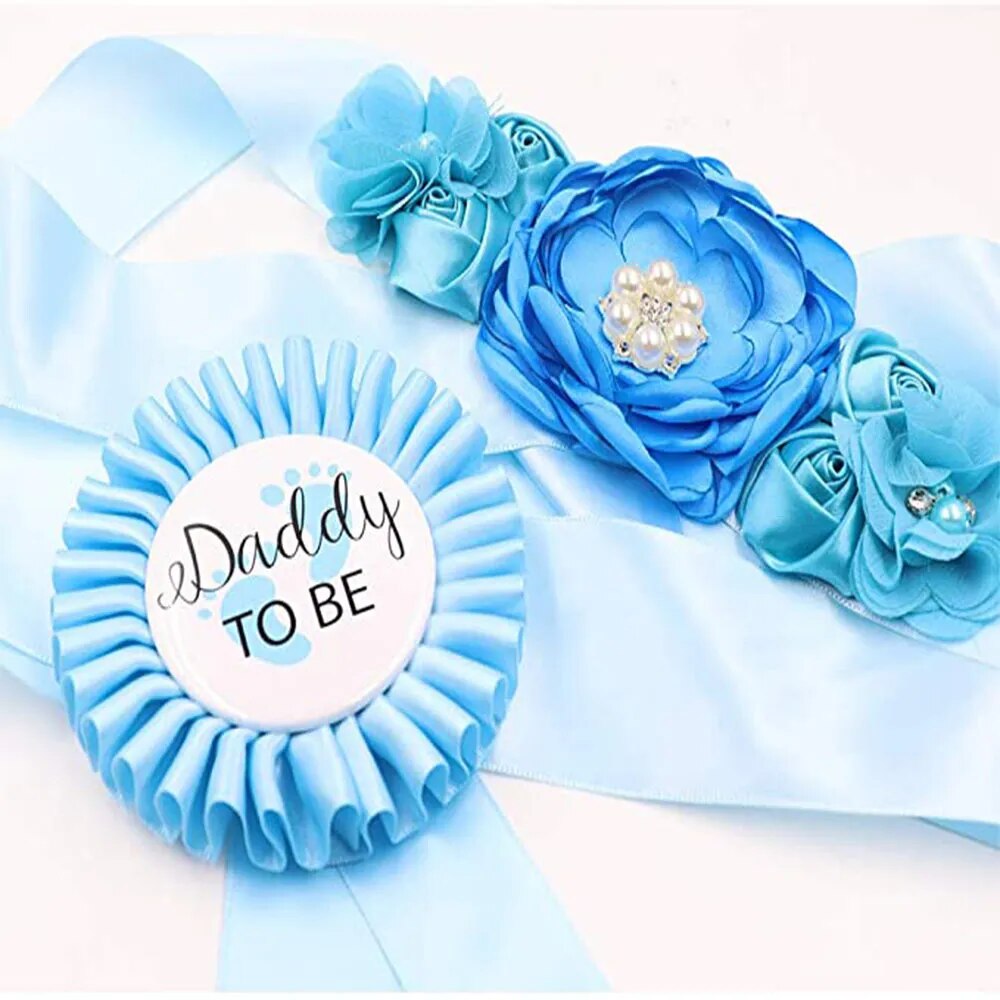 Mummy & Daddy To Be Set: Baby Shower Belt, Badge Corsage for Mom & Dad
