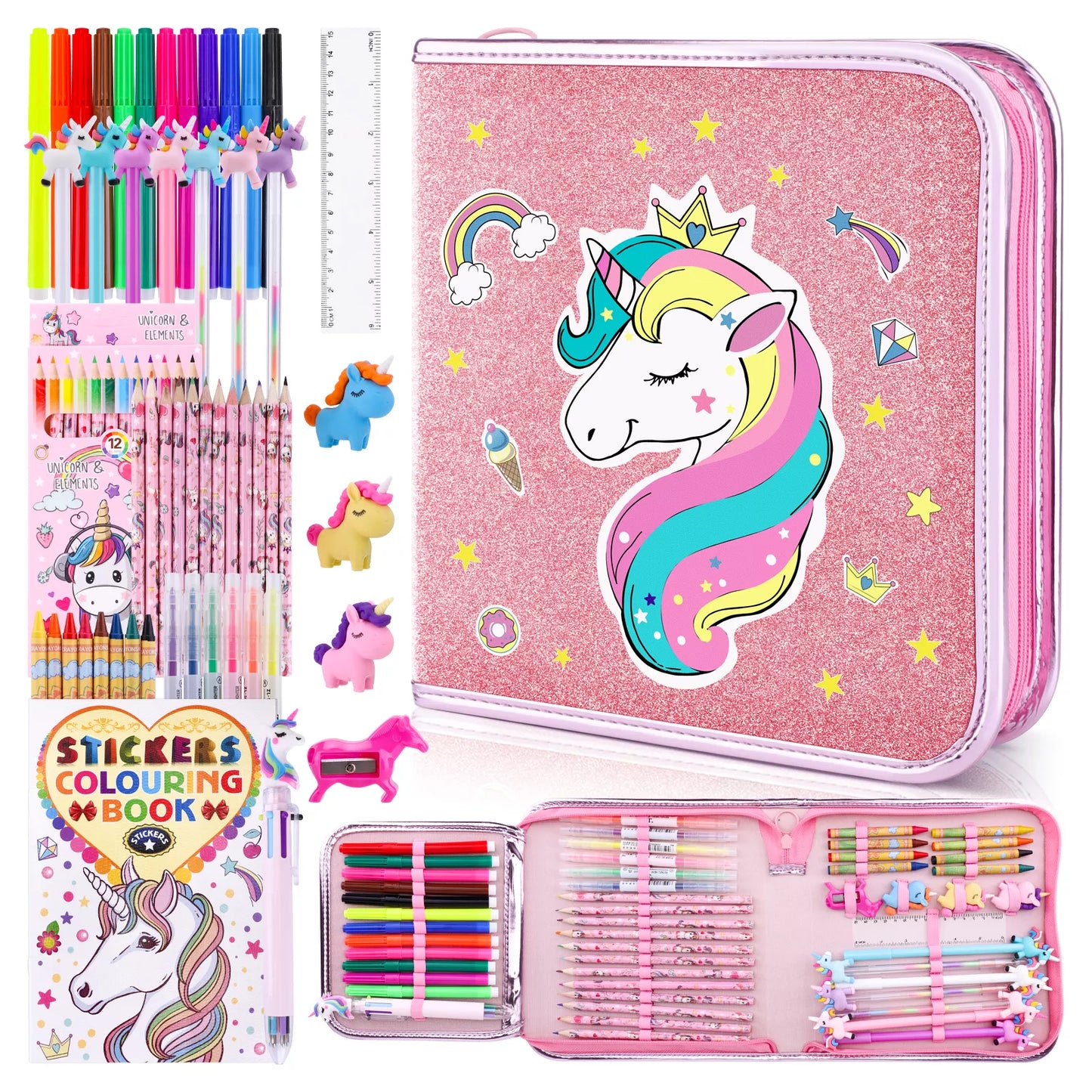 53/56pc Kids Unicorn Art Set - Markers, Crayons, Pencil Case, Drawing & School Supplies.